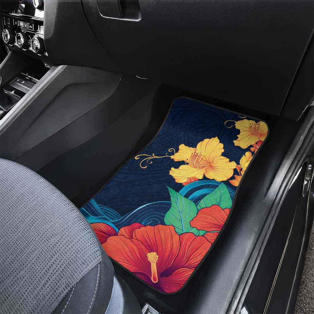 Polynesian Hibiscus Flower Waves Pattern Car Mats
