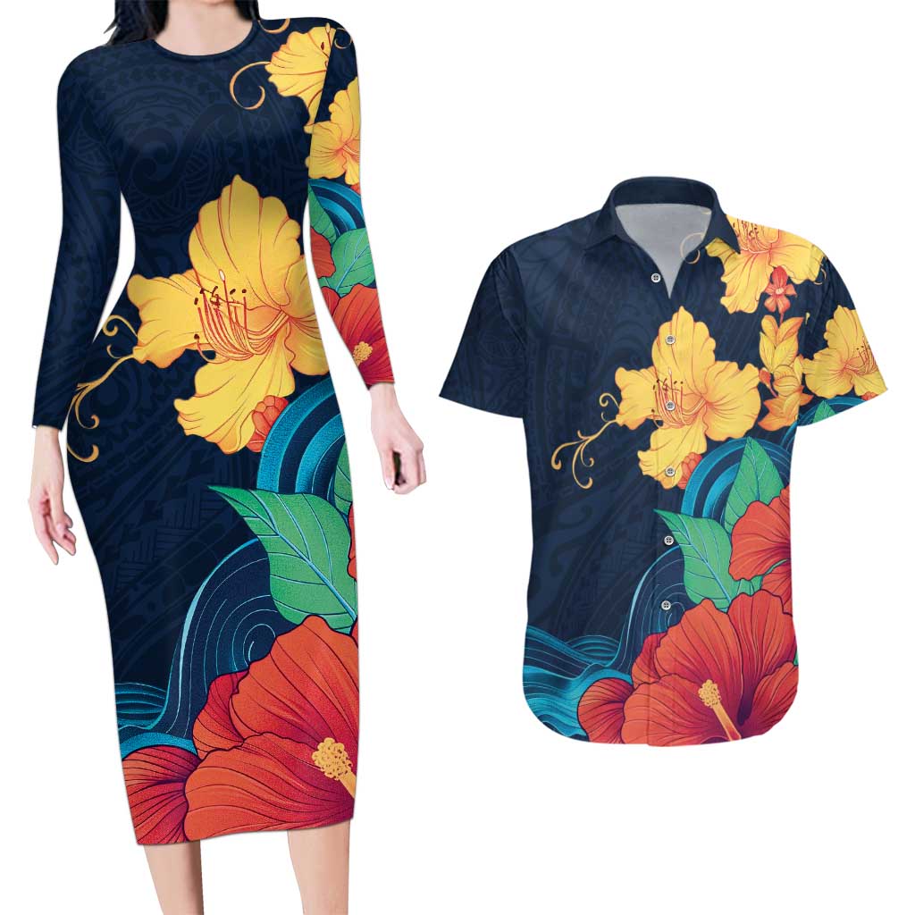 Polynesian Hibiscus Flower Waves Pattern Couples Matching Long Sleeve Bodycon Dress and Hawaiian Shirt LT9 Dark Blue - Polynesian Pride