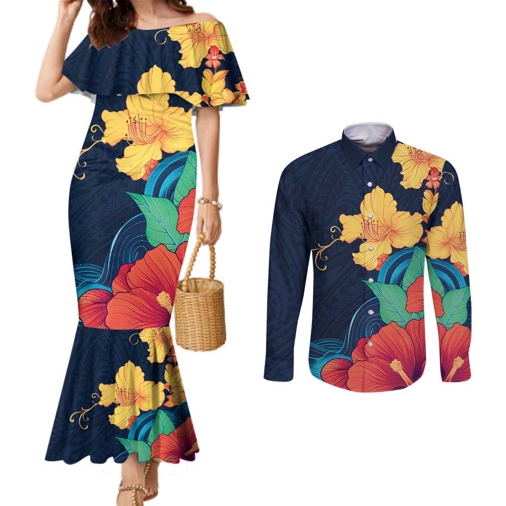 Polynesian Hibiscus Flower Waves Pattern Couples Matching Mermaid Dress and Long Sleeve Button Shirt LT9 Dark Blue - Polynesian Pride