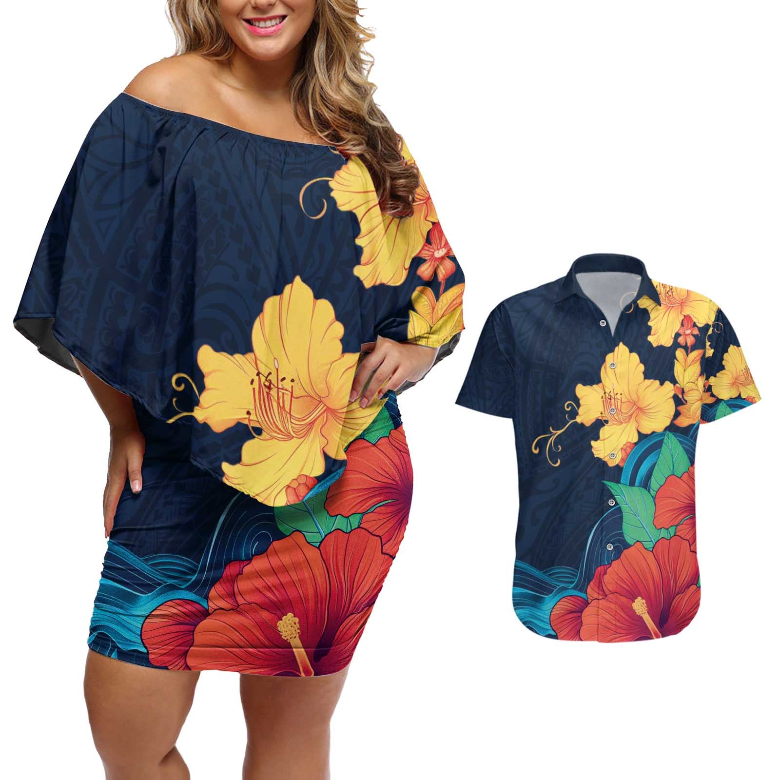 Polynesian Hibiscus Flower Waves Pattern Couples Matching Off Shoulder Short Dress and Hawaiian Shirt LT9 Dark Blue - Polynesian Pride