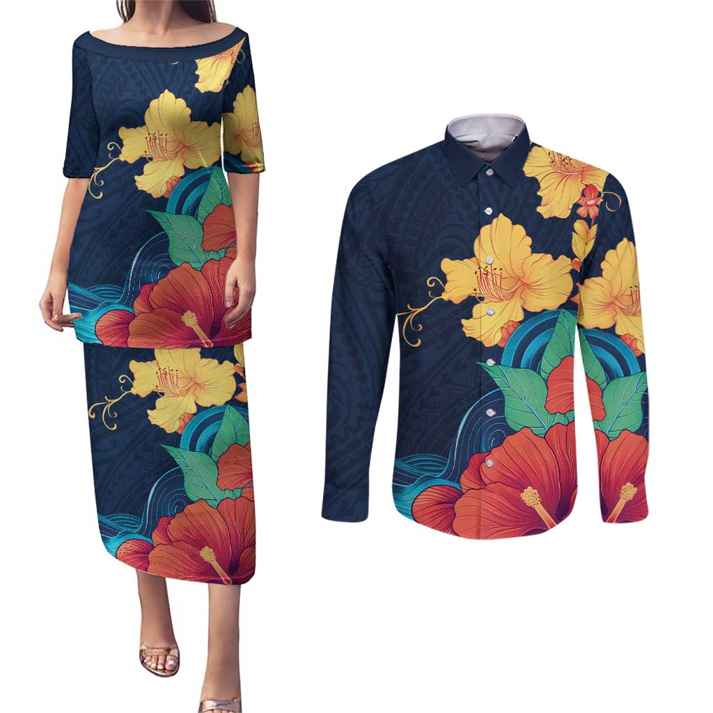 Polynesian Hibiscus Flower Waves Pattern Couples Matching Puletasi and Long Sleeve Button Shirt LT9 Dark Blue - Polynesian Pride
