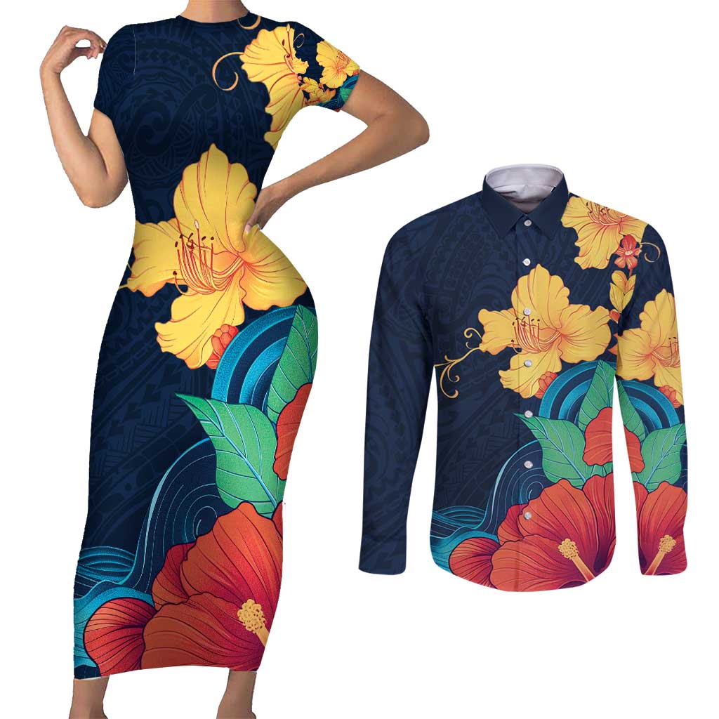 Polynesian Hibiscus Flower Waves Pattern Couples Matching Short Sleeve Bodycon Dress and Long Sleeve Button Shirt LT9 Dark Blue - Polynesian Pride