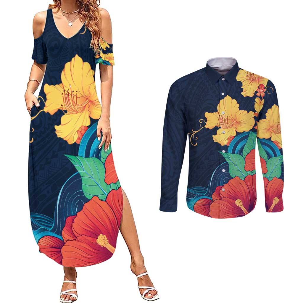 Polynesian Hibiscus Flower Waves Pattern Couples Matching Summer Maxi Dress and Long Sleeve Button Shirt LT9 Dark Blue - Polynesian Pride