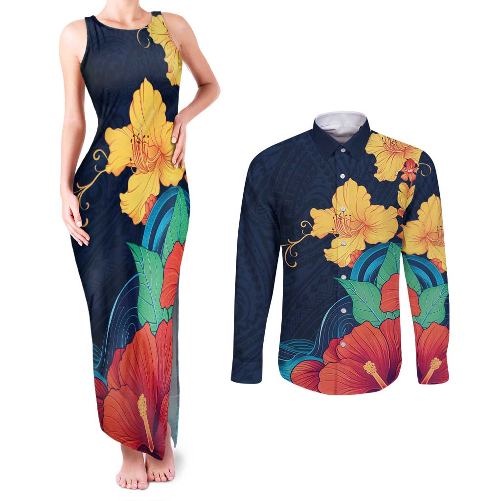 Polynesian Hibiscus Flower Waves Pattern Couples Matching Tank Maxi Dress and Long Sleeve Button Shirt LT9 Dark Blue - Polynesian Pride