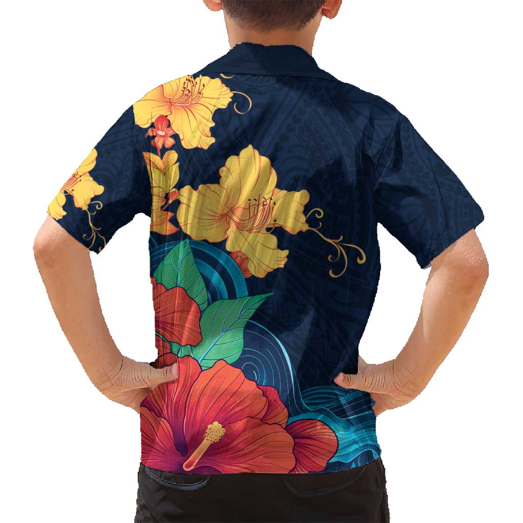 Polynesian Hibiscus Flower Waves Pattern Family Matching Long Sleeve Bodycon Dress and Hawaiian Shirt LT9 - Polynesian Pride