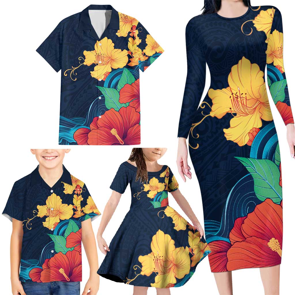 Polynesian Hibiscus Flower Waves Pattern Family Matching Long Sleeve Bodycon Dress and Hawaiian Shirt LT9 - Polynesian Pride