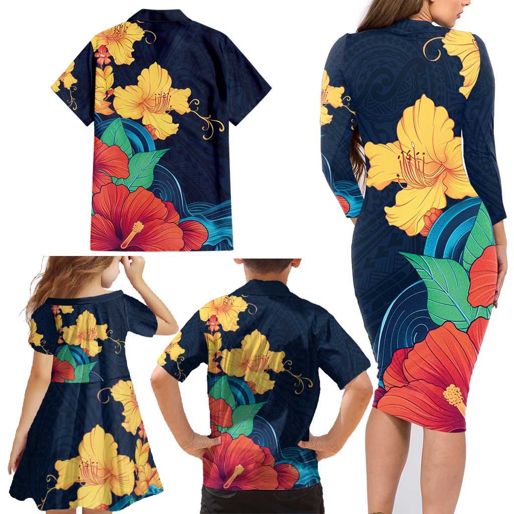 Polynesian Hibiscus Flower Waves Pattern Family Matching Long Sleeve Bodycon Dress and Hawaiian Shirt LT9 - Polynesian Pride
