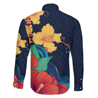 Polynesian Hibiscus Flower Waves Pattern Family Matching Long Sleeve Bodycon Dress and Hawaiian Shirt LT9 - Polynesian Pride