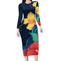 Polynesian Hibiscus Flower Waves Pattern Family Matching Long Sleeve Bodycon Dress and Hawaiian Shirt LT9 Mom's Dress Dark Blue - Polynesian Pride