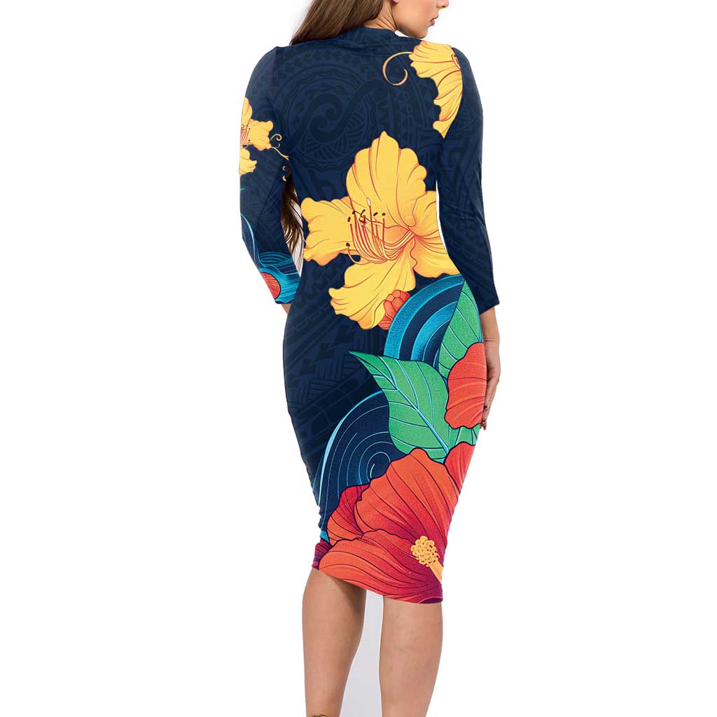 Polynesian Hibiscus Flower Waves Pattern Family Matching Long Sleeve Bodycon Dress and Hawaiian Shirt LT9 - Polynesian Pride