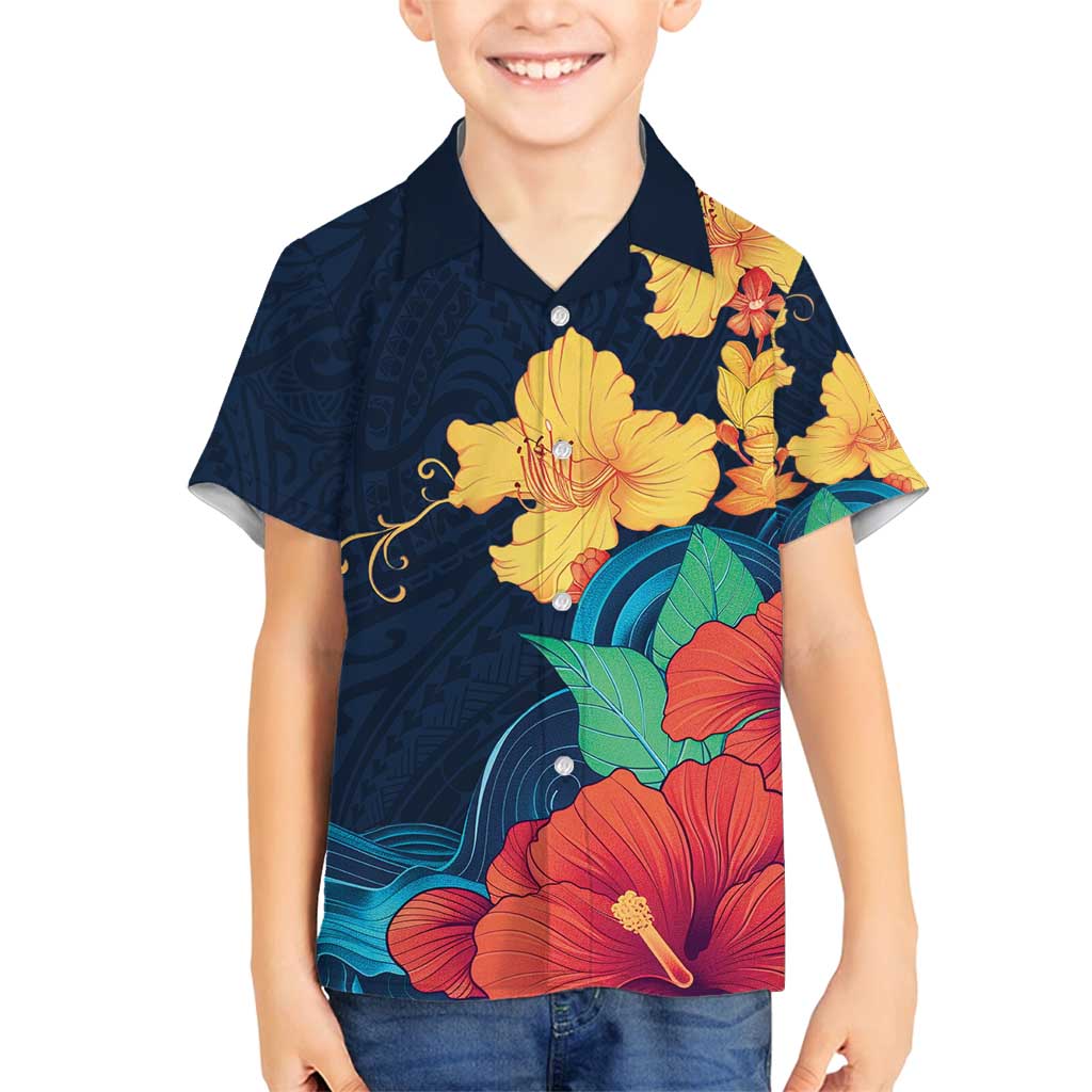 Polynesian Hibiscus Flower Waves Pattern Family Matching Long Sleeve Bodycon Dress and Hawaiian Shirt LT9 Son's Shirt Dark Blue - Polynesian Pride