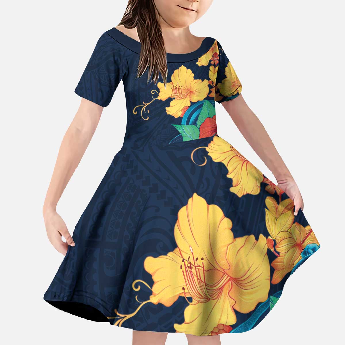 Polynesian Hibiscus Flower Waves Pattern Family Matching Off The Shoulder Long Sleeve Dress and Hawaiian Shirt LT9 Daughter's Dress Dark Blue - Polynesian Pride