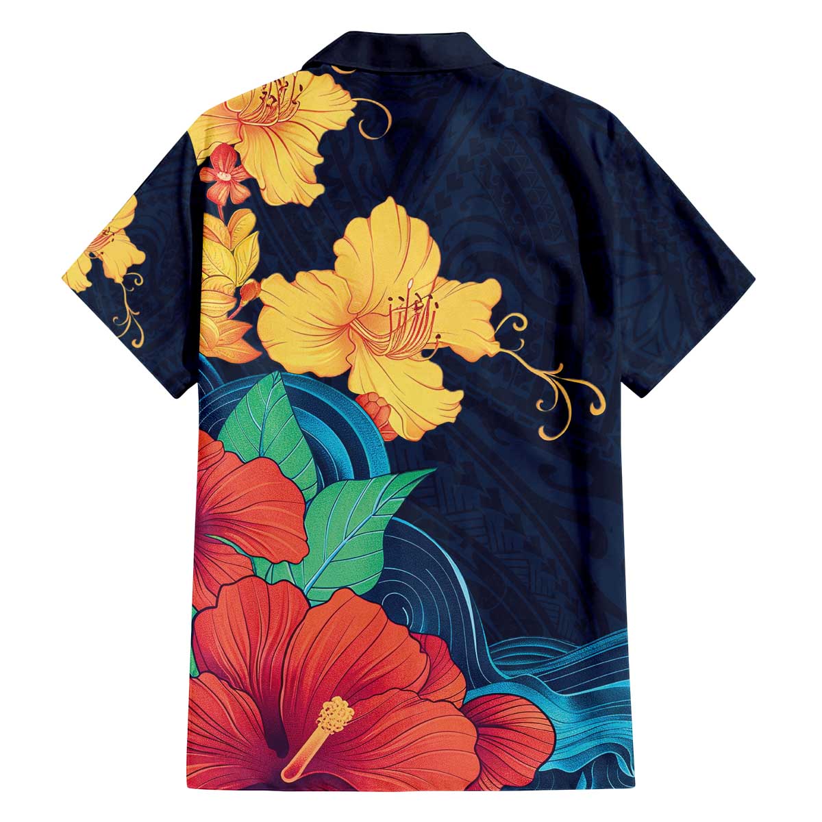 Polynesian Hibiscus Flower Waves Pattern Family Matching Off The Shoulder Long Sleeve Dress and Hawaiian Shirt LT9 - Polynesian Pride