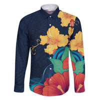 Polynesian Hibiscus Flower Waves Pattern Family Matching Off The Shoulder Long Sleeve Dress and Hawaiian Shirt LT9 Dad's Shirt - Long Sleeve Dark Blue - Polynesian Pride
