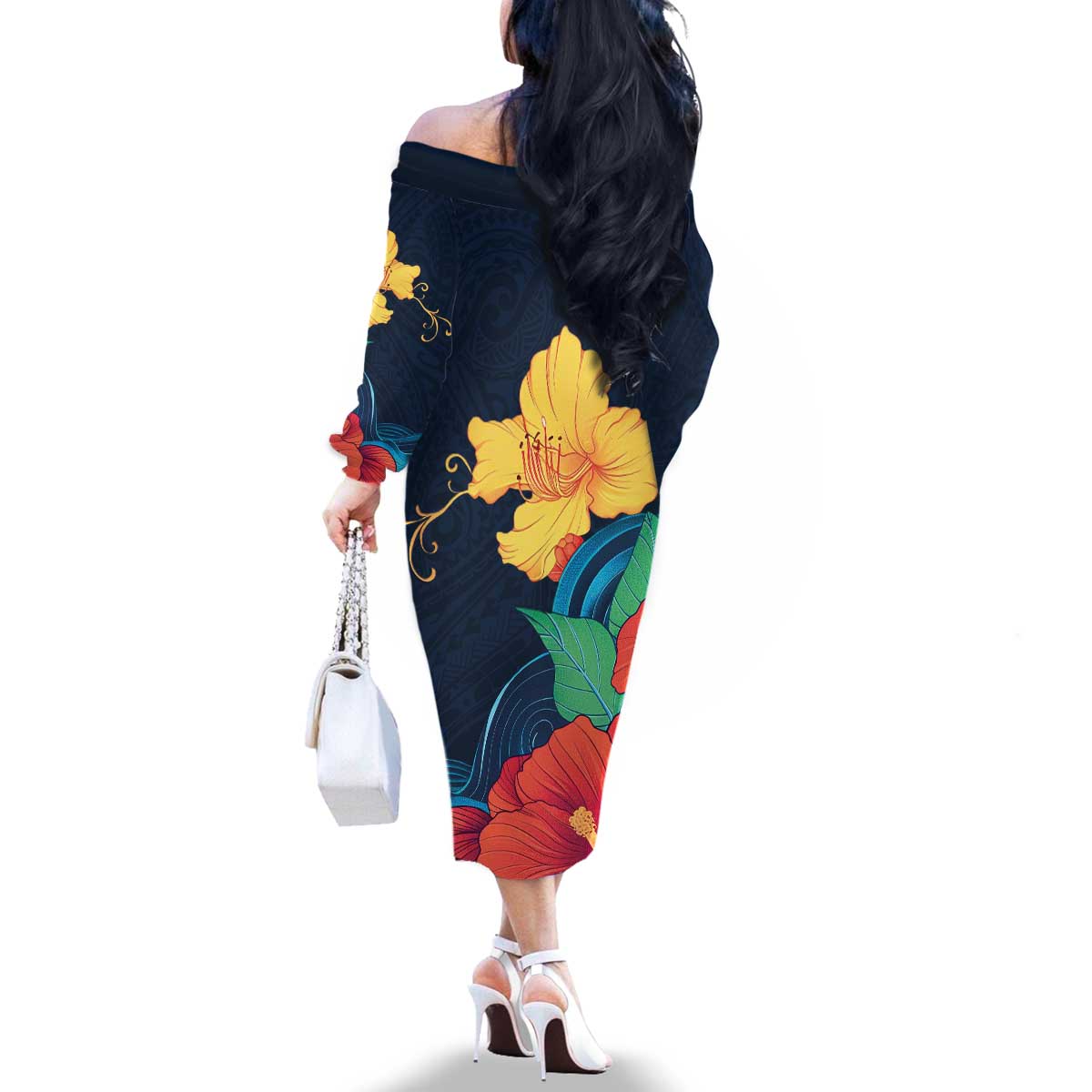 Polynesian Hibiscus Flower Waves Pattern Family Matching Off The Shoulder Long Sleeve Dress and Hawaiian Shirt LT9 - Polynesian Pride