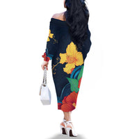 Polynesian Hibiscus Flower Waves Pattern Family Matching Off The Shoulder Long Sleeve Dress and Hawaiian Shirt LT9 - Polynesian Pride