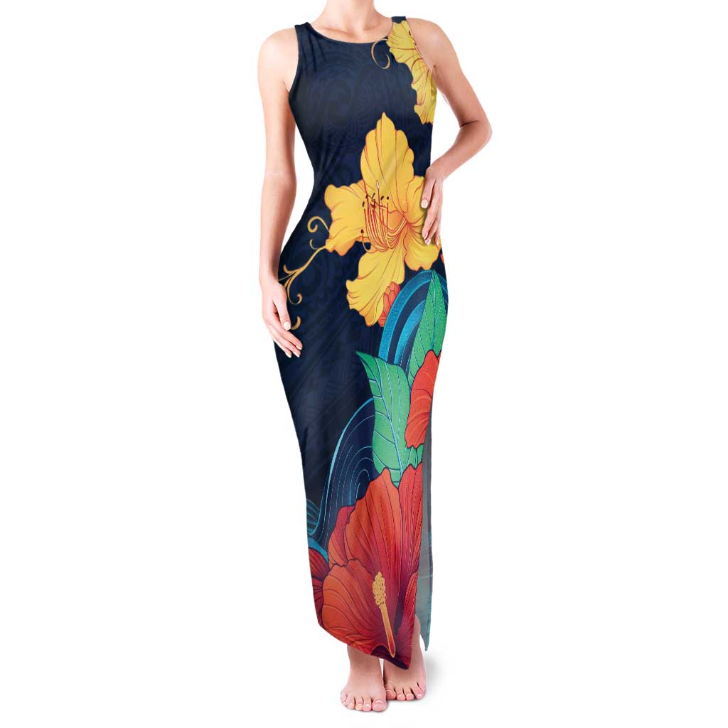 Polynesian Hibiscus Flower Waves Pattern Family Matching Tank Maxi Dress and Hawaiian Shirt