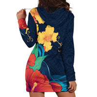 Polynesian Hibiscus Flower Waves Pattern Hoodie Dress