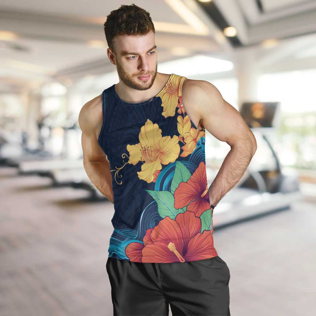 Polynesian Hibiscus Flower Waves Pattern Men Tank Top LT9 Dark Blue - Polynesian Pride