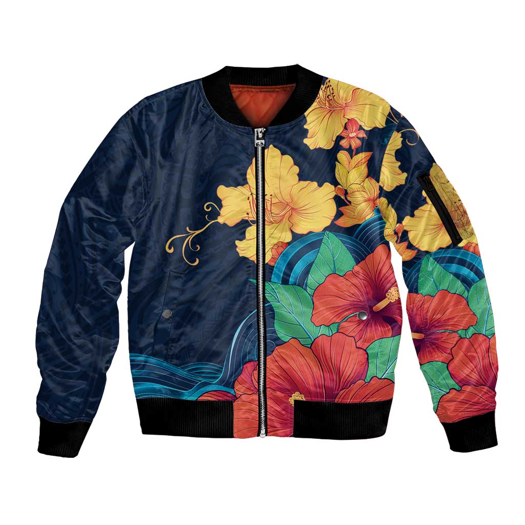 Polynesian Hibiscus Flower Waves Pattern Sleeve Zip Bomber Jacket LT9 Unisex Dark Blue - Polynesian Pride