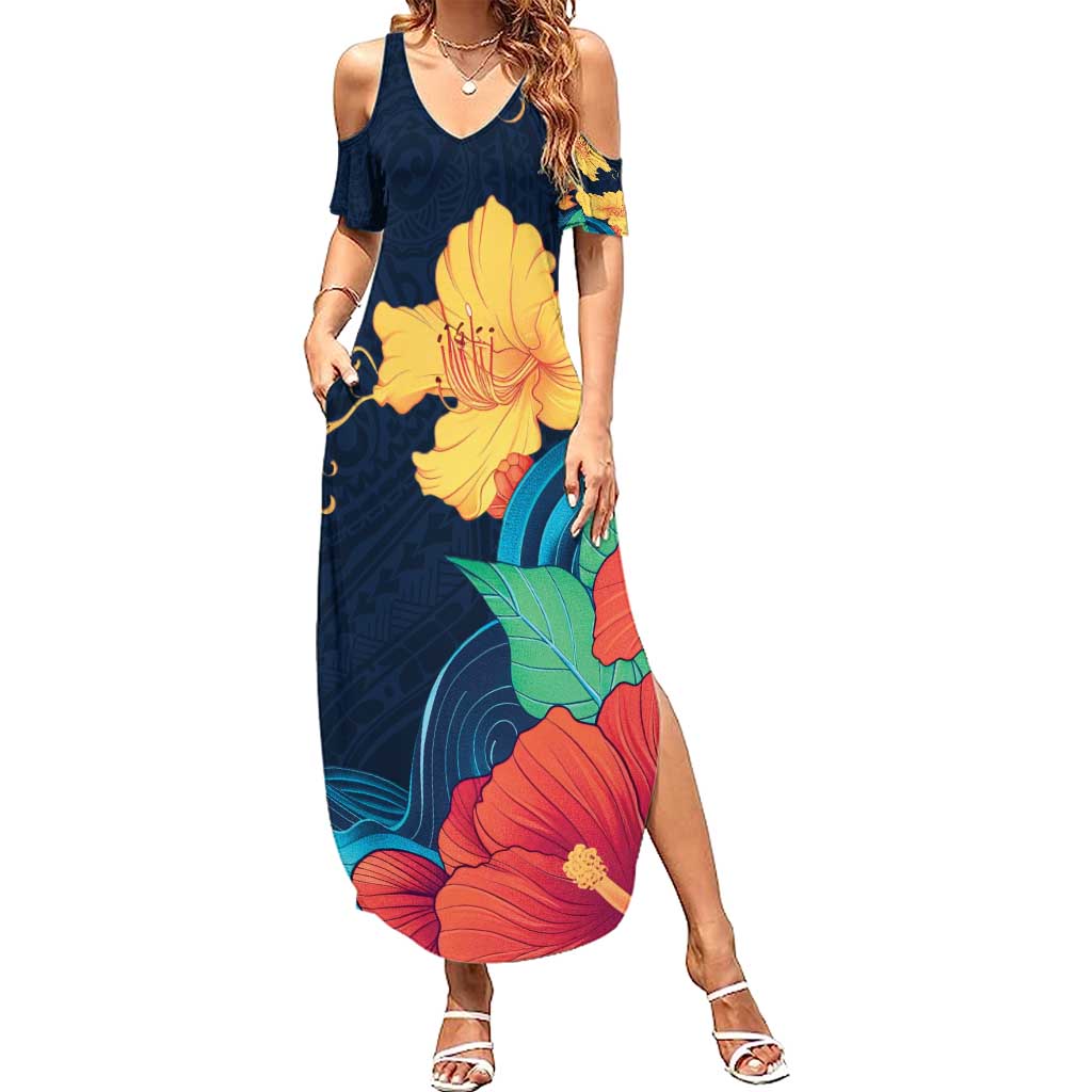 Polynesian Hibiscus Flower Waves Pattern Summer Maxi Dress LT9 Women Dark Blue - Polynesian Pride
