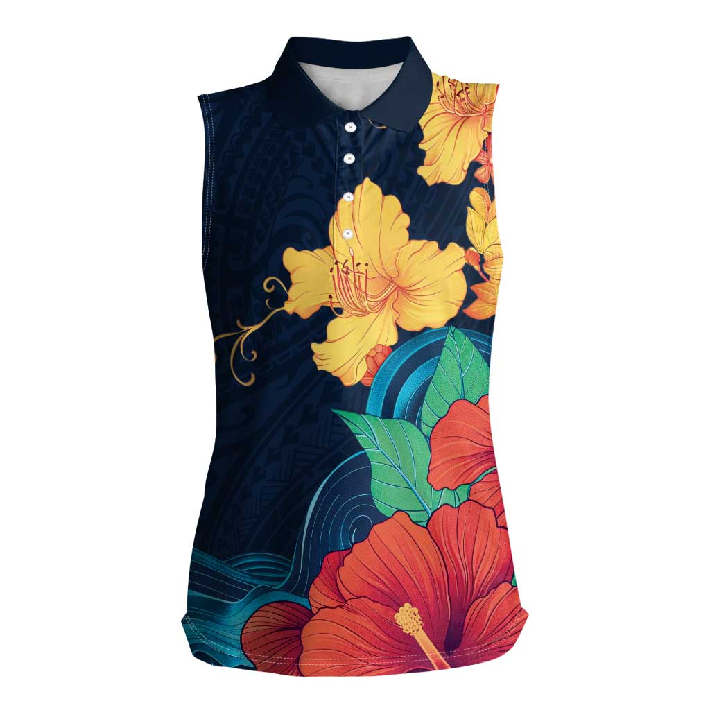 Polynesian Hibiscus Flower Waves Pattern Women Sleeveless Polo Shirt LT9 Female Dark Blue - Polynesian Pride