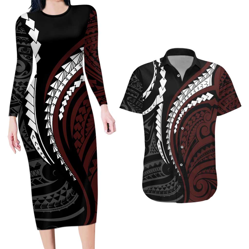 Polynesian Oxblood Line Art Tribal Tattoo Couples Matching Long Sleeve Bodycon Dress and Hawaiian Shirt LT9 Beige - Polynesian Pride