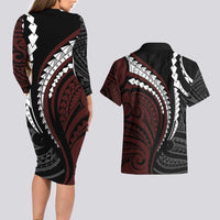 Polynesian Oxblood Line Art Tribal Tattoo Couples Matching Long Sleeve Bodycon Dress and Hawaiian Shirt LT9 - Polynesian Pride