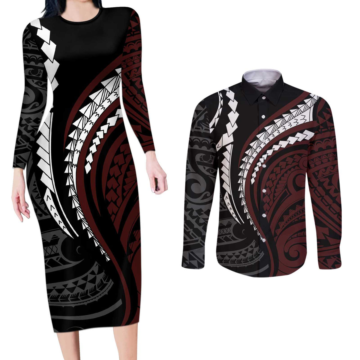 Polynesian Oxblood Line Art Tribal Tattoo Couples Matching Long Sleeve Bodycon Dress and Long Sleeve Button Shirt LT9 Beige - Polynesian Pride