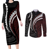 Polynesian Oxblood Line Art Tribal Tattoo Couples Matching Long Sleeve Bodycon Dress and Long Sleeve Button Shirt LT9 Beige - Polynesian Pride