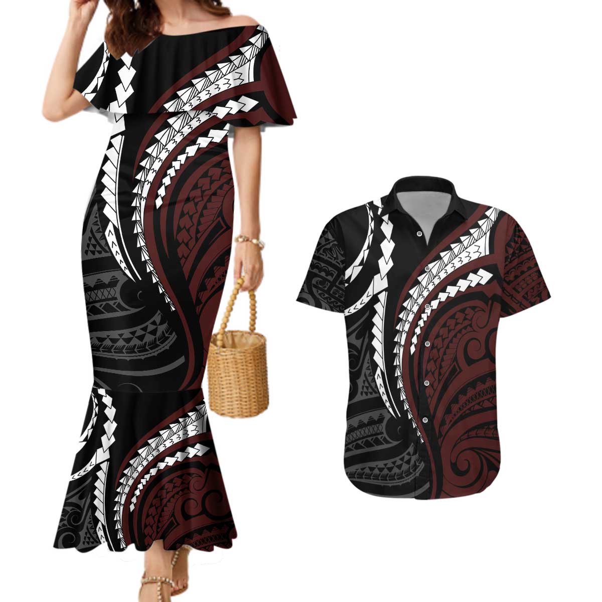 Polynesian Oxblood Line Art Tribal Tattoo Couples Matching Mermaid Dress and Hawaiian Shirt LT9 Beige - Polynesian Pride