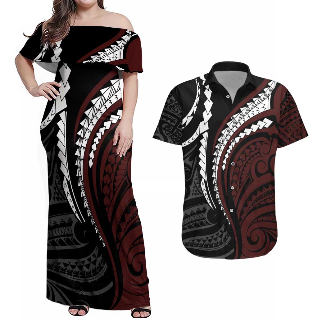 Polynesian Oxblood Line Art Tribal Tattoo Couples Matching Off Shoulder Maxi Dress and Hawaiian Shirt LT9 Beige - Polynesian Pride