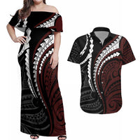 Polynesian Oxblood Line Art Tribal Tattoo Couples Matching Off Shoulder Maxi Dress and Hawaiian Shirt LT9 Beige - Polynesian Pride