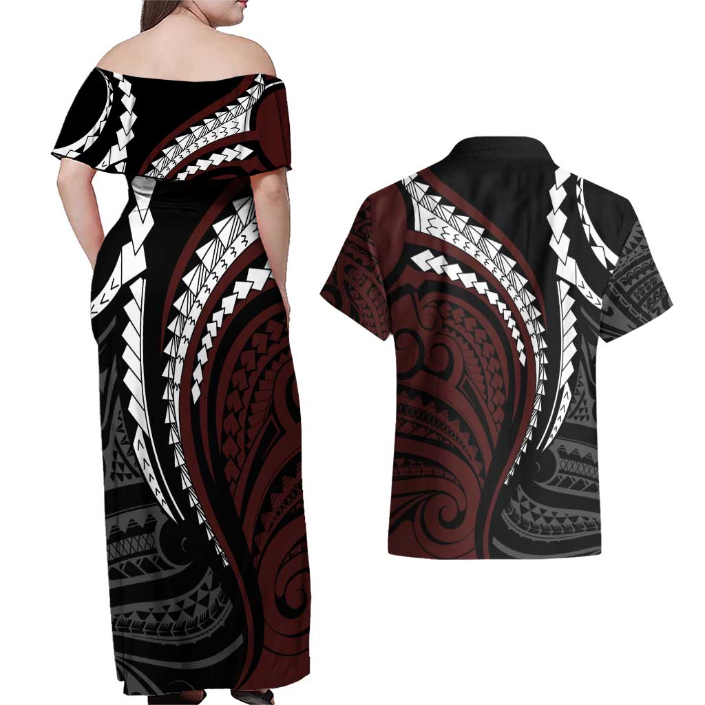 Polynesian Oxblood Line Art Tribal Tattoo Couples Matching Off Shoulder Maxi Dress and Hawaiian Shirt LT9 - Polynesian Pride