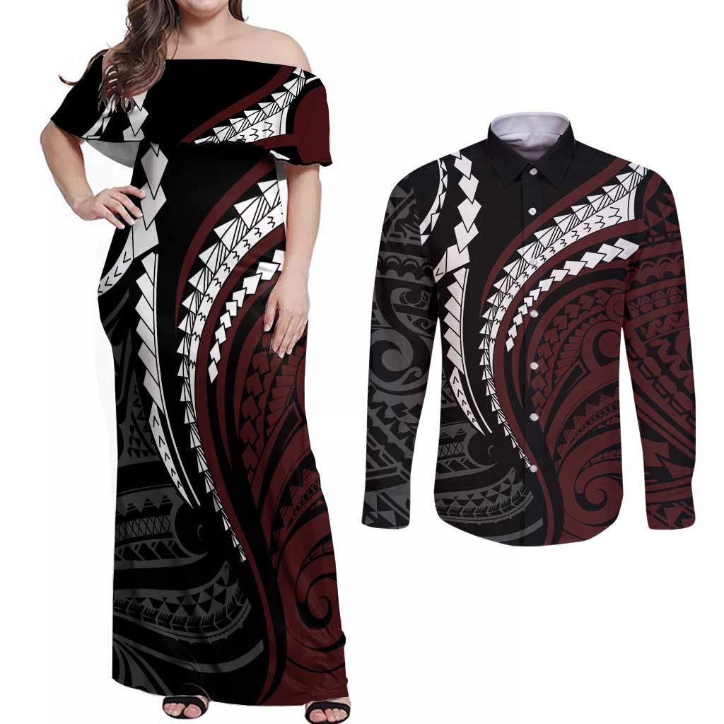 Polynesian Oxblood Line Art Tribal Tattoo Couples Matching Off Shoulder Maxi Dress and Long Sleeve Button Shirt LT9 Beige - Polynesian Pride