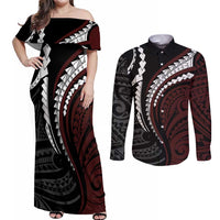 Polynesian Oxblood Line Art Tribal Tattoo Couples Matching Off Shoulder Maxi Dress and Long Sleeve Button Shirt LT9 Beige - Polynesian Pride