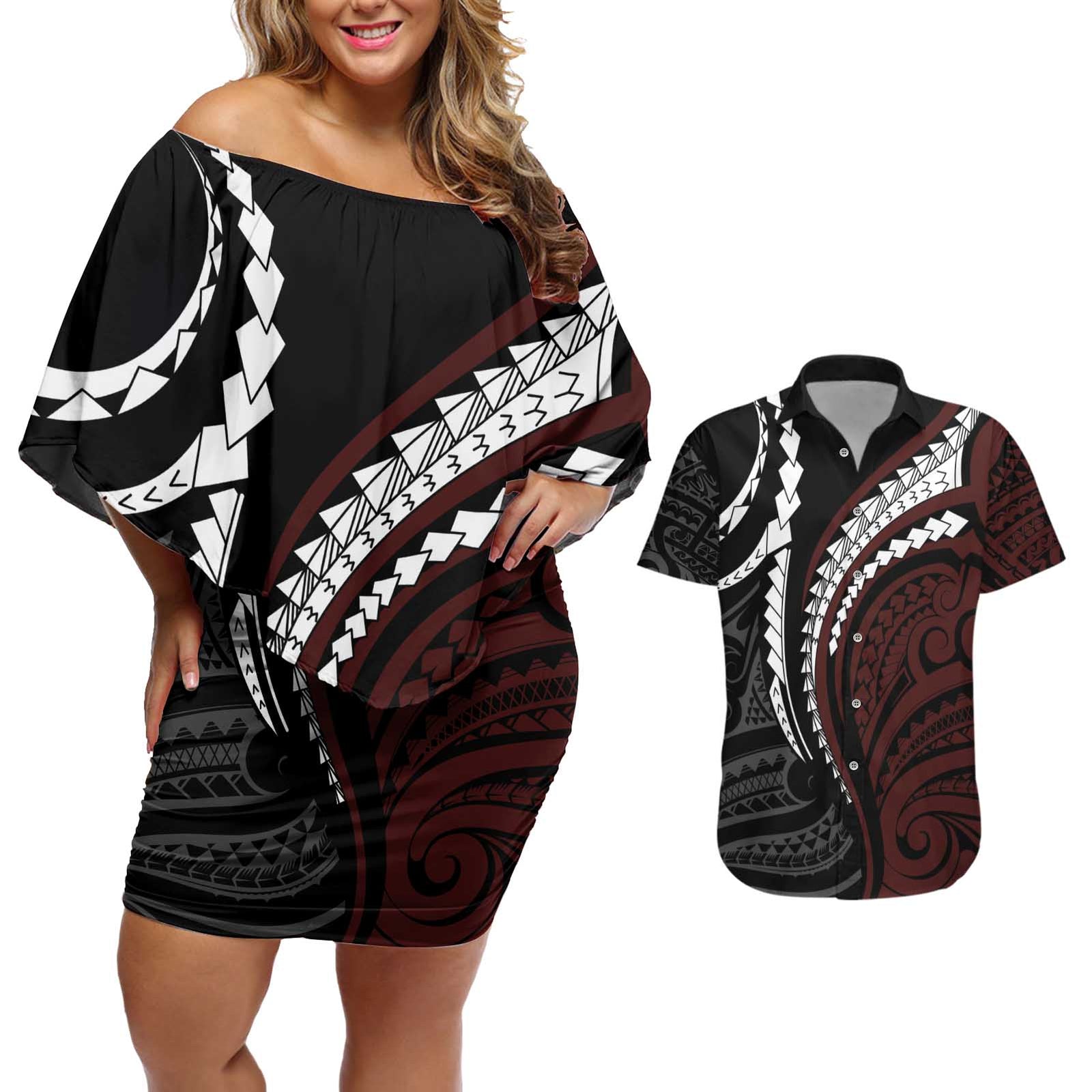Polynesian Oxblood Line Art Tribal Tattoo Couples Matching Off Shoulder Short Dress and Hawaiian Shirt LT9 Beige - Polynesian Pride