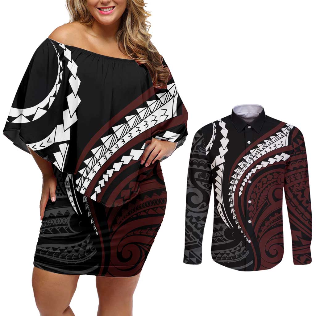 Polynesian Oxblood Line Art Tribal Tattoo Couples Matching Off Shoulder Short Dress and Long Sleeve Button Shirt LT9 Beige - Polynesian Pride