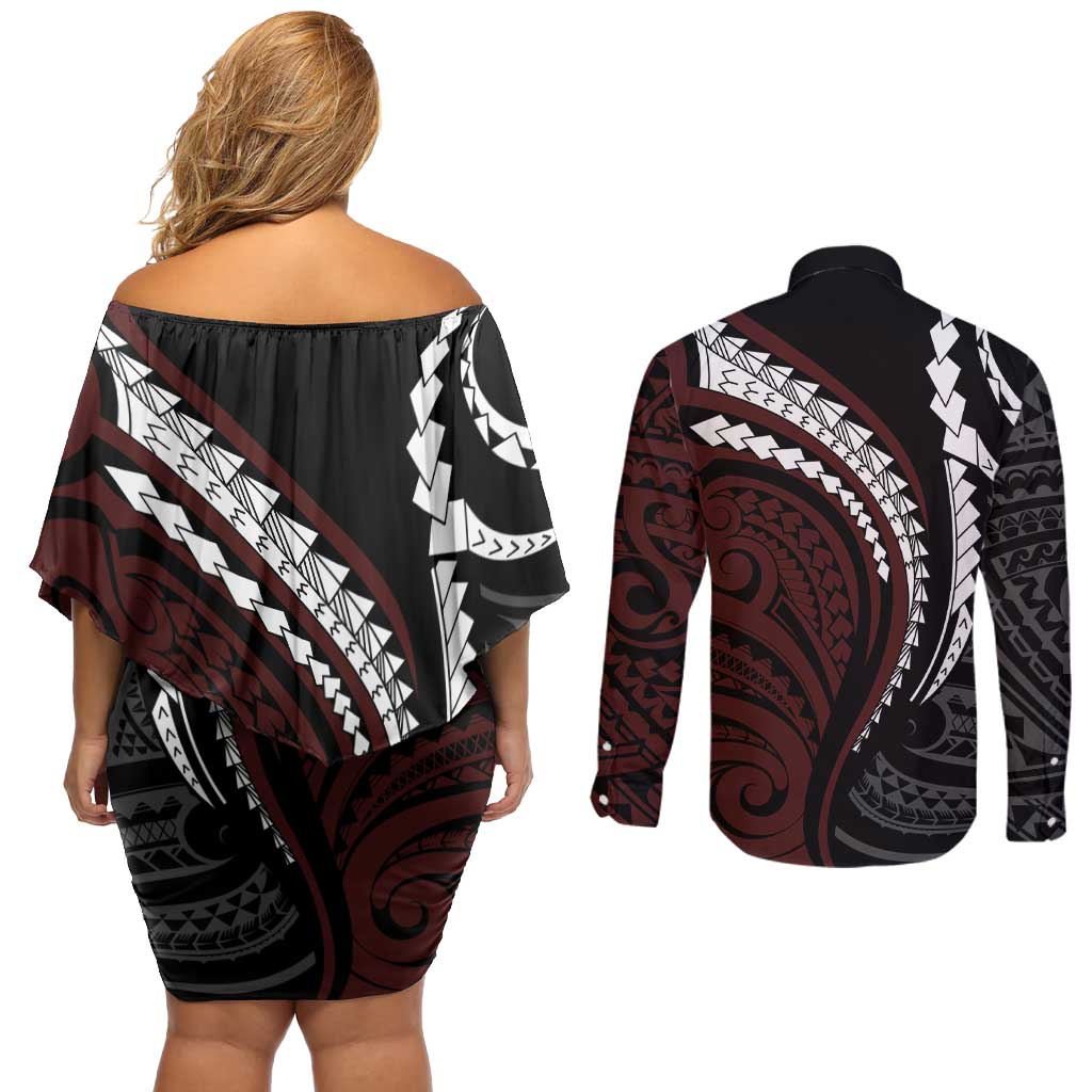 Polynesian Oxblood Line Art Tribal Tattoo Couples Matching Off Shoulder Short Dress and Long Sleeve Button Shirt LT9 - Polynesian Pride