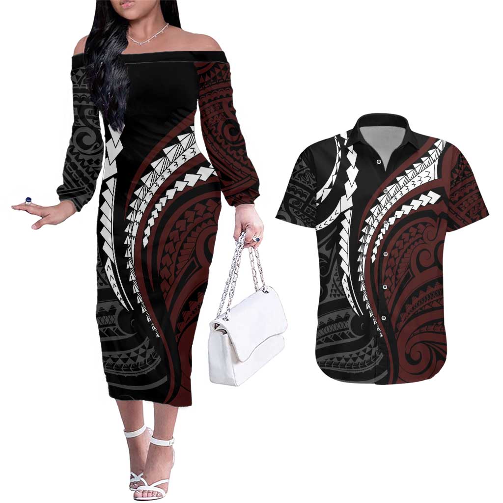 Polynesian Oxblood Line Art Tribal Tattoo Couples Matching Off The Shoulder Long Sleeve Dress and Hawaiian Shirt