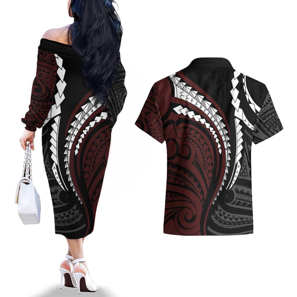 Polynesian Oxblood Line Art Tribal Tattoo Couples Matching Off The Shoulder Long Sleeve Dress and Hawaiian Shirt LT9 - Polynesian Pride