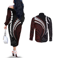 Polynesian Oxblood Line Art Tribal Tattoo Couples Matching Off The Shoulder Long Sleeve Dress and Long Sleeve Button Shirt LT9 - Polynesian Pride