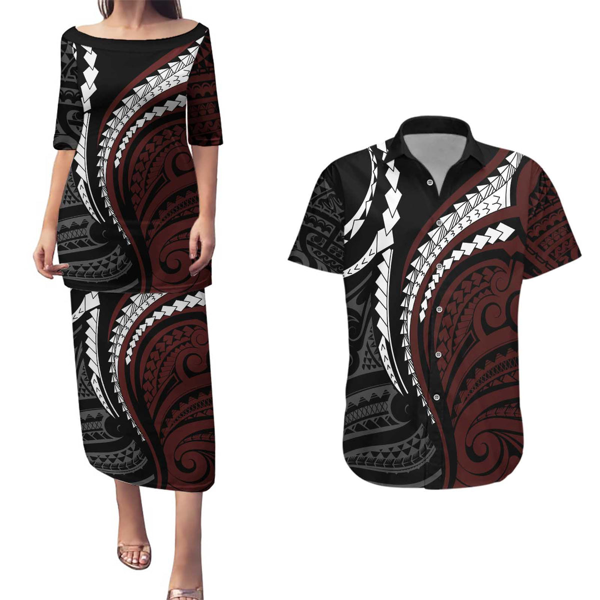 Polynesian Oxblood Line Art Tribal Tattoo Couples Matching Puletasi and Hawaiian Shirt LT9 Beige - Polynesian Pride
