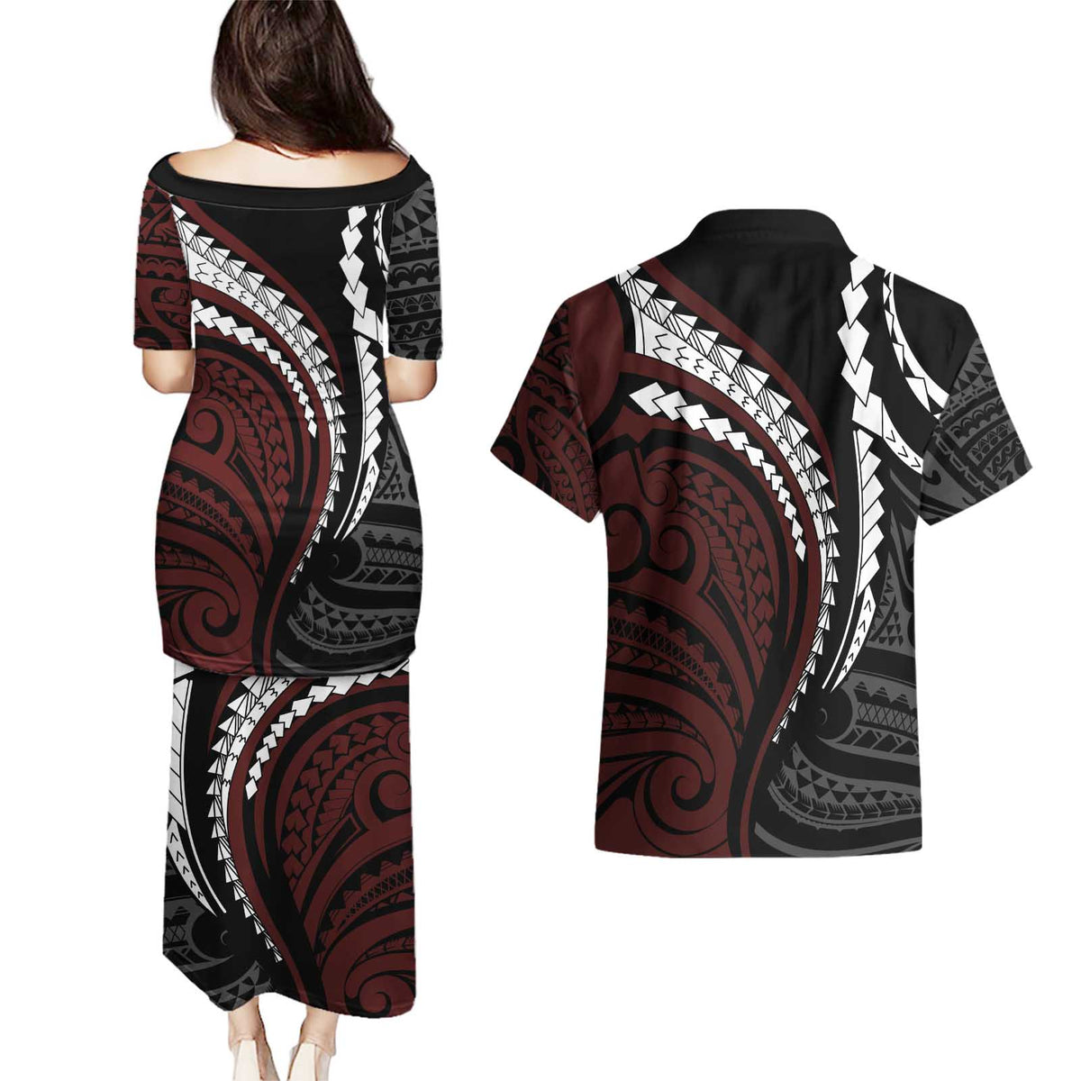 Polynesian Oxblood Line Art Tribal Tattoo Couples Matching Puletasi and Hawaiian Shirt LT9 - Polynesian Pride