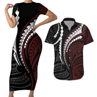 Polynesian Oxblood Line Art Tribal Tattoo Couples Matching Short Sleeve Bodycon Dress and Hawaiian Shirt LT9 Beige - Polynesian Pride