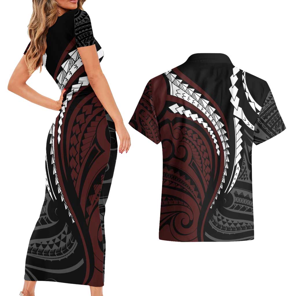 Polynesian Oxblood Line Art Tribal Tattoo Couples Matching Short Sleeve Bodycon Dress and Hawaiian Shirt LT9 - Polynesian Pride
