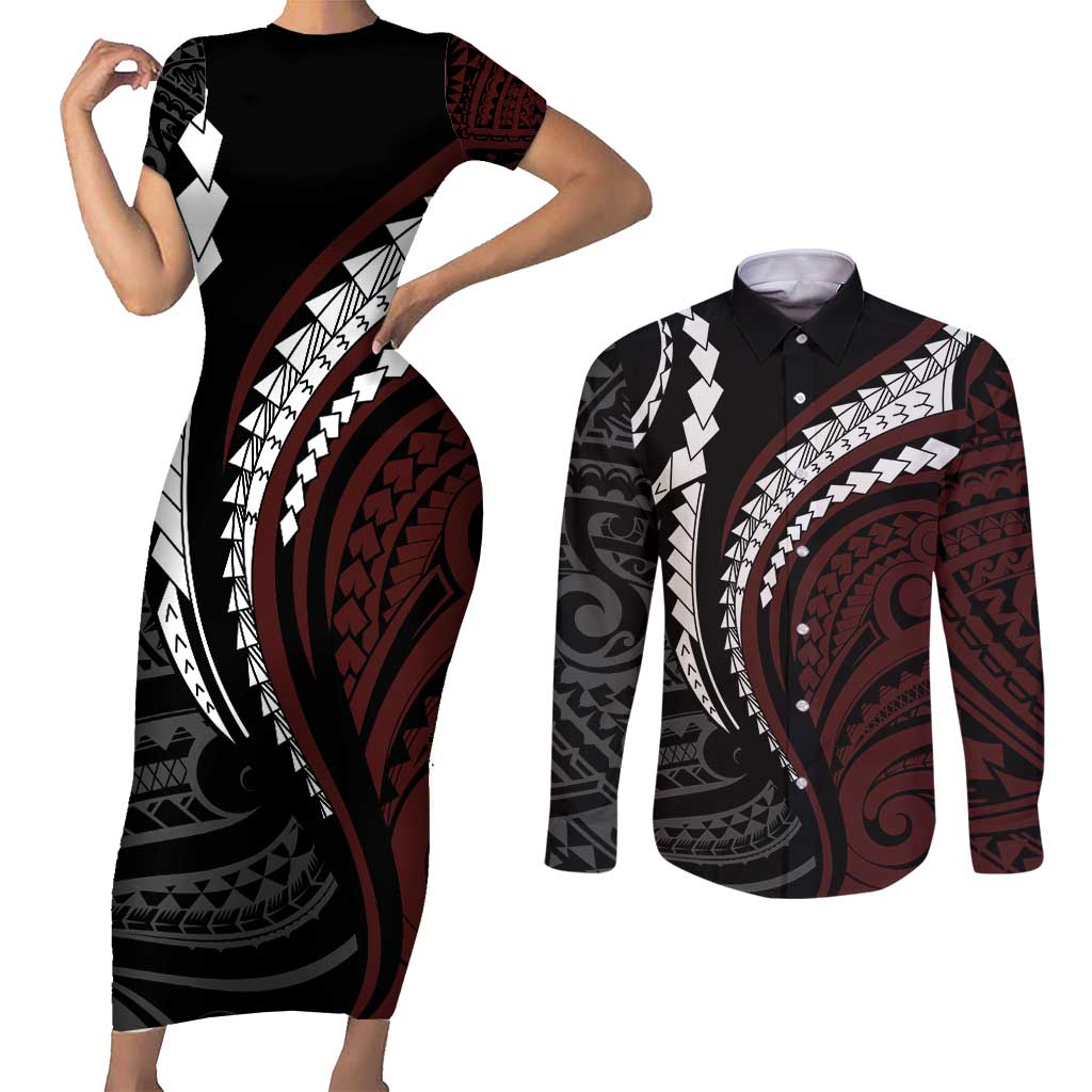 Polynesian Oxblood Line Art Tribal Tattoo Couples Matching Short Sleeve Bodycon Dress and Long Sleeve Button Shirt LT9 Beige - Polynesian Pride