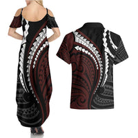 Polynesian Oxblood Line Art Tribal Tattoo Couples Matching Summer Maxi Dress and Hawaiian Shirt LT9 - Polynesian Pride