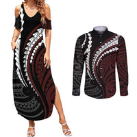 Polynesian Oxblood Line Art Tribal Tattoo Couples Matching Summer Maxi Dress and Long Sleeve Button Shirt LT9 Beige - Polynesian Pride