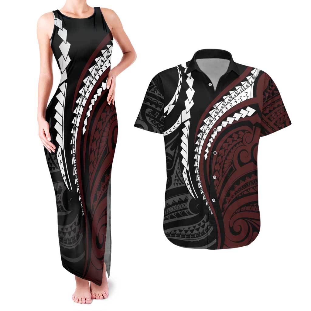 Polynesian Oxblood Line Art Tribal Tattoo Couples Matching Tank Maxi Dress and Hawaiian Shirt LT9 Beige - Polynesian Pride